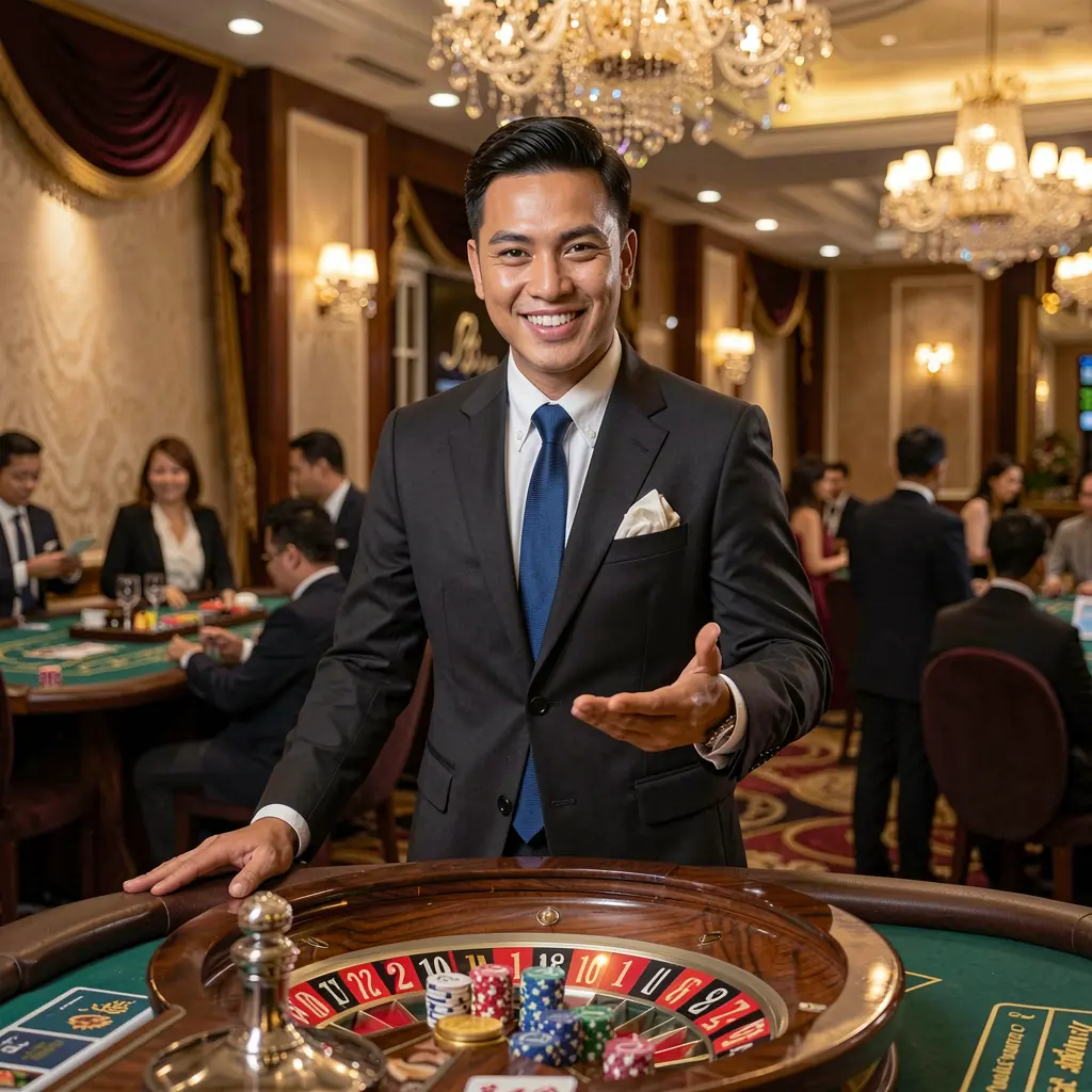 Friendly live casino host in a stylish suit welcoming players to a modern roulette table at TINOLABET for online casino gaming in the Philippines